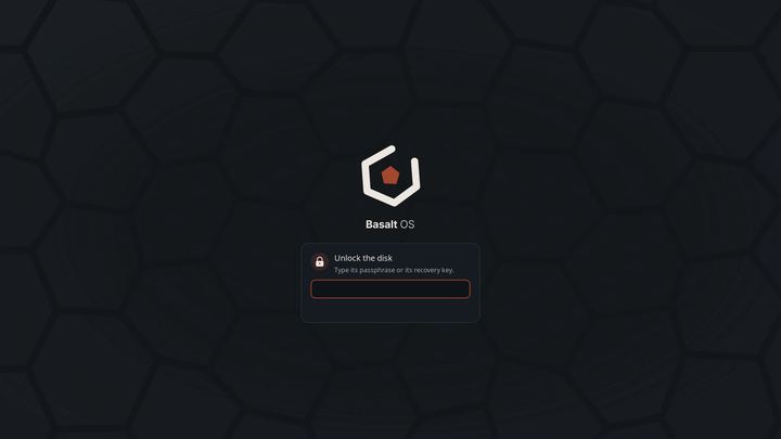 Start-up screen with a card titled Unlock the disk, asking for the passphrase or the recovery key.