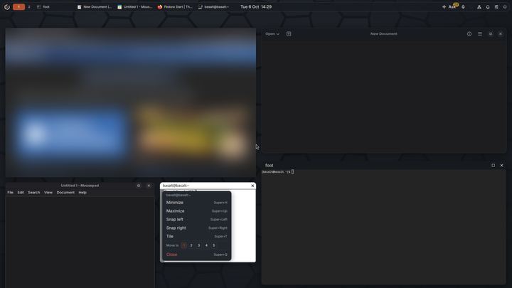 Desktop with a browser, a text editor, Mousepad and two terminals, the window menu open over one terminal; the browser page is blurred.