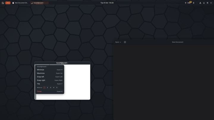 Desktop on Sway with a window menu open under a terminal title bar, listing actions and their shortcuts.