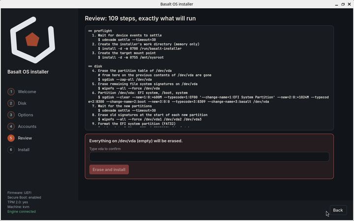 Graphical installer review step listing numbered commands, and a red box asking to type the disk name to confirm erasing it.