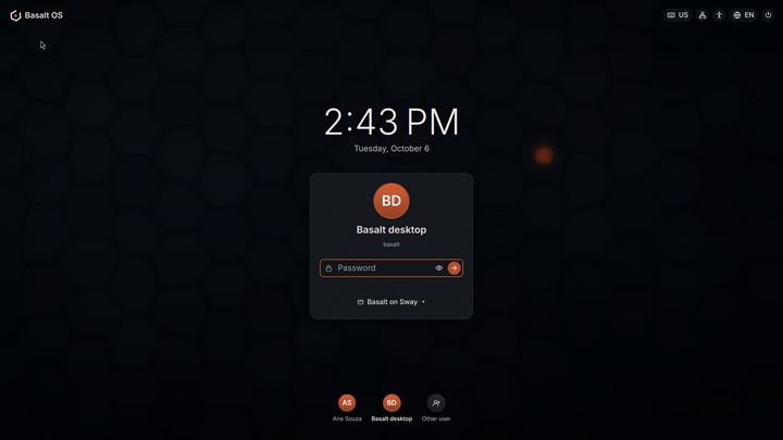 Dark login screen with a large clock, a card with a password field and the session Basalt on Sway, and other people at the bottom.