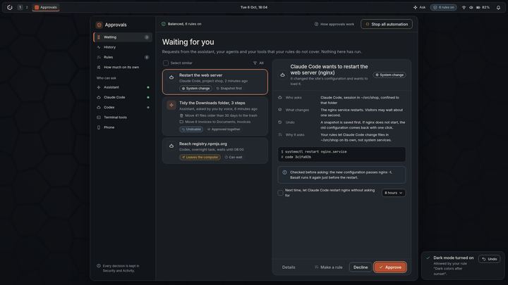 Mockup of an Approvals window with requests waiting, and the details of a request to restart a web server with Approve and Decline buttons.