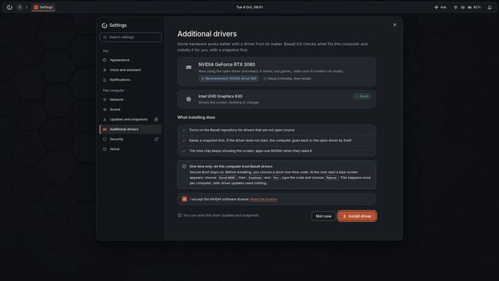 Mockup of the Settings page Additional drivers recommending a graphics driver, with what installing does and a Secure Boot note.
