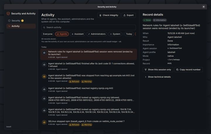 Activity timeline of an AI agent session with allowed and refused connections, and the details of one record on the right.