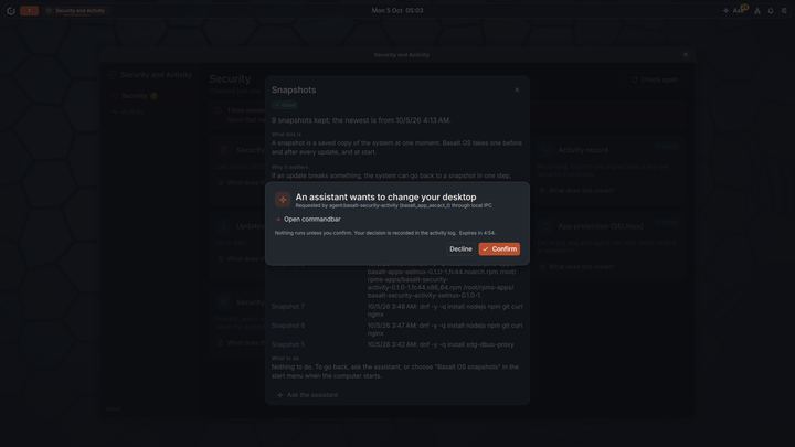 Confirmation sheet over the Security and Activity app: an assistant wants to change your desktop, with Decline and Confirm buttons.
