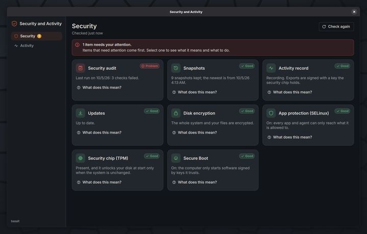 Security view with a notice that one item needs attention, and cards for the security audit, snapshots, activity record, updates, disk encryption, SELinux, the TPM and Secure Boot.