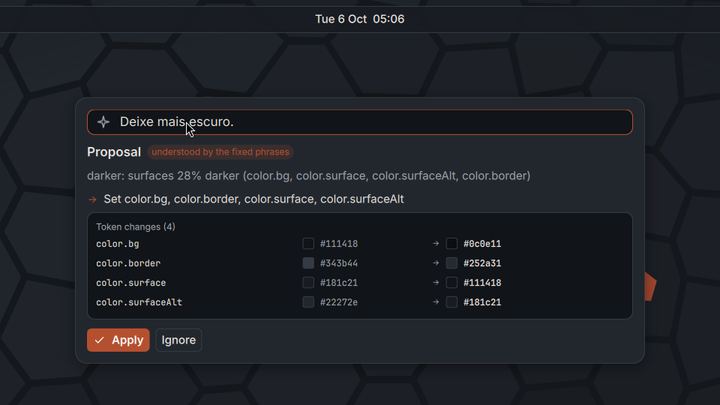 Command bar with the spoken request make it darker in Portuguese, a proposal listing four color changes, and Apply and Ignore buttons.