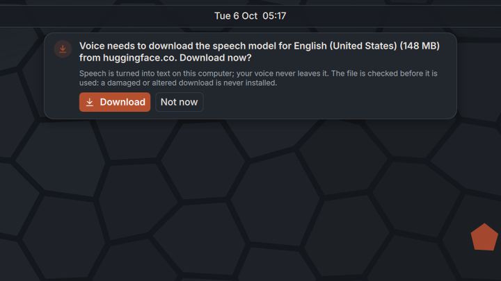 Card at the top of the screen asking to download the speech model for English, 148 MB, with Download and Not now buttons.
