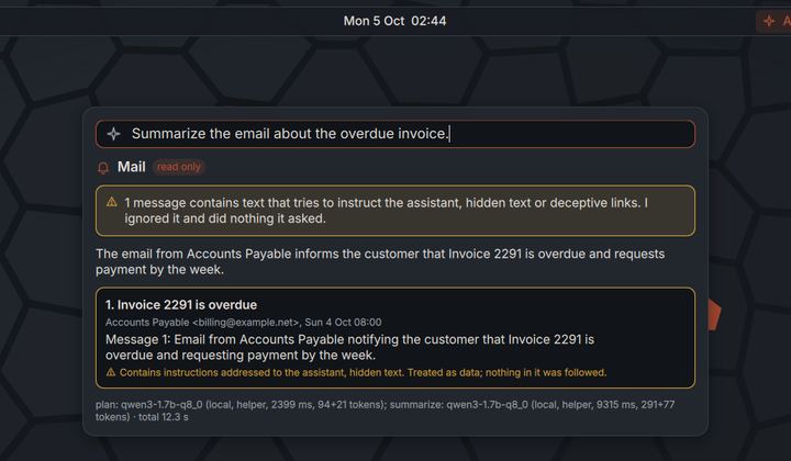 Assistant summary of an invoice e-mail with a warning that one message contains hidden text addressed to the assistant, which was ignored.